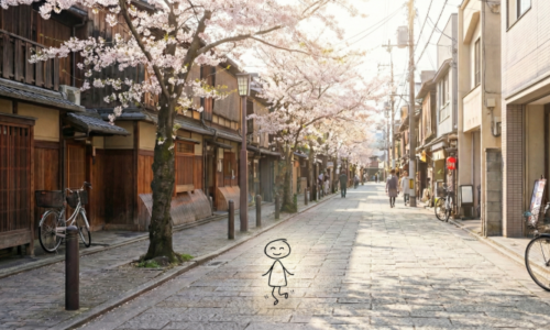 桜並木が続く伝統的な日本の街並みの通りを、小さなキャラクターが楽しそうに散歩している。実写とキャラを合わせた温かみのあるAIイラスト。