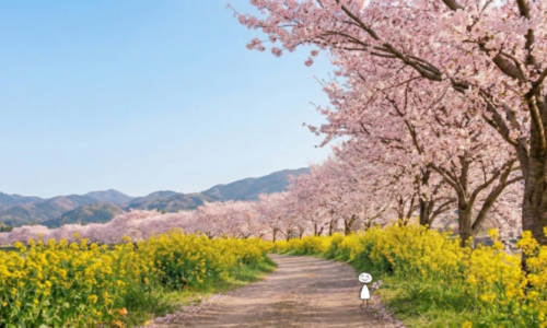 青空の下、満開の桜並木と菜の花が彩る小道。小さなキャラクターがにこやかにお花見をしながら花を持って佇む、穏やかな春の風景。実写とキャラを合わせた温かみのあるAIイラスト。