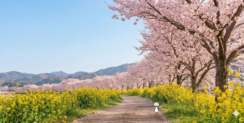 青空の下、満開の桜並木と菜の花が彩る小道。小さなキャラクターがにこやかにお花見をしながら花を持って佇む、穏やかな春の風景。実写とキャラを合わせた温かみのあるAIイラスト。