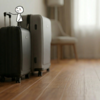 明るくすっきりとした部屋の壁際に小と中の2つのスーツケースが並んでいる。黒色スーツケースの上には小さなキャラクターが立ち、ハンドルに手を添えている。隣にはグレーのスーツケースがある。実写とキャラを合わせた温かみのあるAIイラスト。