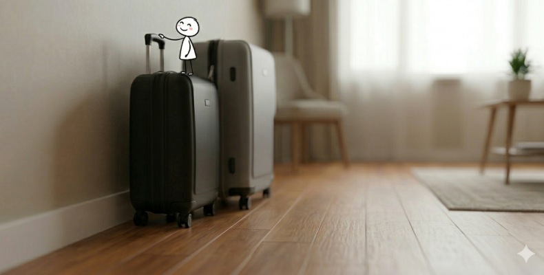 明るくすっきりとした部屋の壁際に小と中の2つのスーツケースが並んでいる。黒色スーツケースの上には小さなキャラクターが立ち、ハンドルに手を添えている。隣にはグレーのスーツケースがある。実写とキャラを合わせた温かみのあるAIイラスト。