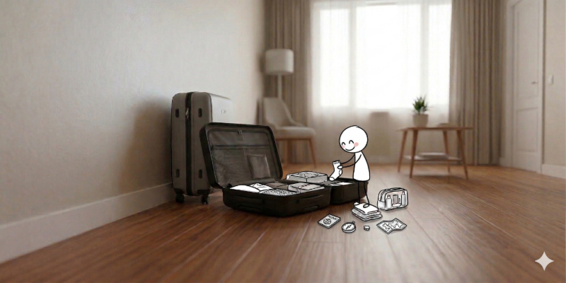 明るくすっきりとした部屋。フローリングの床にスーツケースを開いて、荷物整理をしている小さなキャラクター。実写とキャラを合わせた温かみのあるAIイラスト。